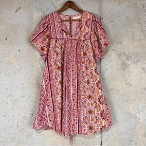Band of the free pink maroon floral boho flutter sleeve babydoll dress